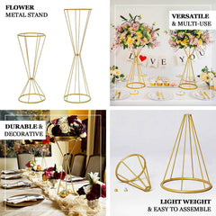 Dual Cone Reversible Flower Stand Gold Metal Geometric Pedestal - Wedding Centerpiece 27"