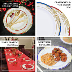 10-Pack Plastic 10" Round Dinner Plates in White with Royal Blue Rim - Stylish Gold Vine Design Disposable Party Plates for Special Occasions & Celebrations