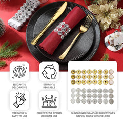 10 Pack Silver Sunflower Diamond Rhinestones Napkin Holders With Velcro, Elegant Wedding Napkin Rings