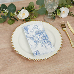 50-Pack Paper Dinner Napkins White with Matte Blue French Toile Floral Pattern 2-Ply - Stylish Disposable Napkins for Events