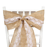 Natural Burlap Chair Sash 5"x108" with Lace Hessian Jute - Rustic Bow Design for Weddings & Gatherings