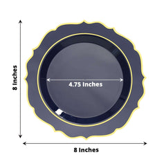 10-Pack Plastic 8" Round Dessert Plates in Navy Blue with Gold Scalloped Rim - Disposable Appetizer/Salad Plates