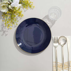 10-Pack Plastic 8" Round Dessert Plates in Navy Blue with Gold Rim - Glossy Disposable Appetizer Salad Plates