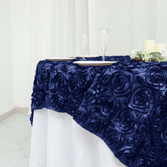 Satin 72"x72" Table Overlay Square Tablecloth Navy Blue - 3D Rosette Table Cover
