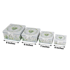 Set of 4 Cardstock Square Nesting Gift Boxes White Green Floral Design - Decorative Heavy Duty Stackable Keepsake Boxes With Lids for Presents Storage & Pedestal Stand 6",7",8",9"
