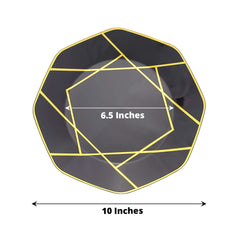 10-Pack Plastic 10" Octagon Dinner Plates in Black - Modern Disposable Party Plates with Gold Geometric Design for Special Occasions & Celebrations