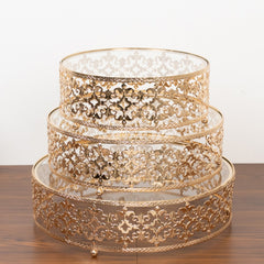 Set of 3 Cake Stands Baroque Ornate Design with Glass Top Gold - Stackable Dessert Display Trays Metal 10", 12", 14"