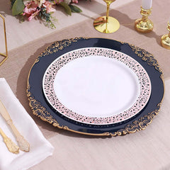 6-Pack Acrylic Round Charger Plates 13" in Navy Blue with Gold Embossed Baroque Rim, Antique Decorative Dinner Party Charger Tableware