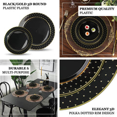 10-Pack Plastic 10" Round Dinner Plates in Black with Gold 3D Polka Dotted Rim - Sturdy Disposable Party Plates for Modern Themed Events & Banquets