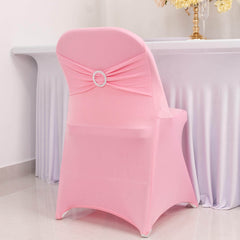 Stretch Spandex Chair Cover Pink for Folding Chairs - Secure Fit Slipcover with Silver Rhinestone Buckled Sash Band