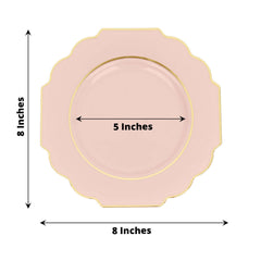 10-Pack Plastic Dessert Appetizer Plates in Blush Baroque Design with Scalloped Gold Rim - Heavy Duty Disposable Salad Plates 8"