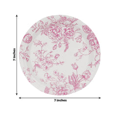 25-Pack Paper 7" Round Dessert Plates in White with Matte Pink French Toile Pattern - Disposable Floral Salad Appetizer Plates