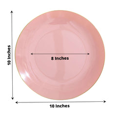 10-Pack Plastic 10" Round Dinner Plates in Dusty Rose with Gold Rim - Glossy Disposable Party Plates