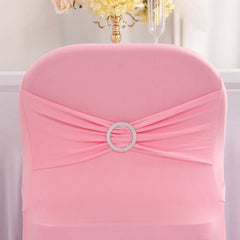 Stretch Spandex Chair Cover Pink for Folding Chairs - Secure Fit Slipcover with Silver Rhinestone Buckled Sash Band