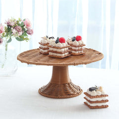 Plastic Round Rattan Wicker Pedestal Cake Stand Natural for Home Parties & Events 12"