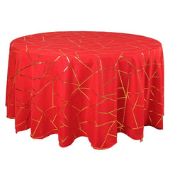 Polyester 120" Round Tablecloth Red with Gold Foil Geometric Pattern Wrinkle-Resistant Seamless Table Cover