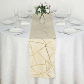 Polyester 9ft Table Runner Beige with Gold Foil Modern Geometric Accent