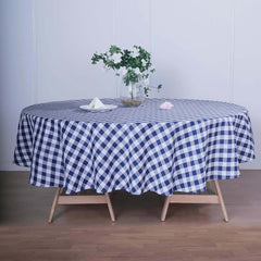 Polyester 108" Round Tablecloth White/Navy Blue - Checkered Buffalo Plaid Table Cover