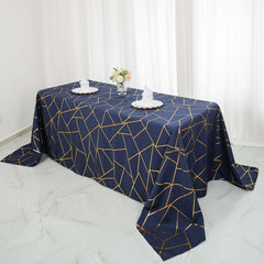 Polyester 90"x132" Rectangle Tablecloth Navy Blue with Gold Foil Geometric Pattern - Wrinkle-Resistant Seamless Table Cover