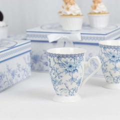 White Blue French Toile Bridal Shower Gift Set, 2 Pack Porcelain Tea Cups With Matching Keepsake Gift Box and Satin Ribbon Handle