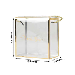 25 Pack Gold Trimmed Clear PVC Gift Boxes with Rope Handles and Thank You Print, Transparent Portable Candy Favor Boxes - 5.5"x5.5"