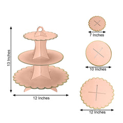3-Tier Cardboard Cupcake Stand Blush - Sturdy & Collapsible Dessert Treat Tower with Gold Scalloped Rim for Baby Shower Wedding & Party Decor 13"