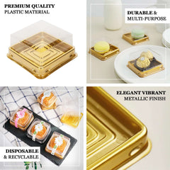 50-Pack Favor Containers Square Design Gold and Clear - Plastic Party Boxes for Cupcakes and Desserts 3"
