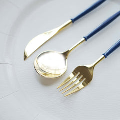 24-Pack Plastic Flatware Set in Metallic Gold with Royal Blue Handle - Heavy Duty Disposable Modern Silverware 8"