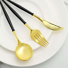 24-Pack Plastic Flatware Set in Metallic Gold with Black Handle - Heavy Duty Disposable Modern Silverware 8"