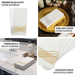 25 Pack Linen-Like Paper 8"x4" Napkins White with Metallic Gold Foil Wave Design - Soft & Absorbent Airlaid Hand Towels for Exquisite Weddings & Events