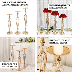 Set of 3 Metal Pedestal Stands with Crystal Ball Flower Bowl Design Gold - Pillar Candle Holders 20", 23", 25"