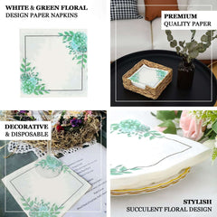 20-Pack Paper Dinner Napkins with Floral Design White/Green - Disposable 2 Ply Beverage Napkins 6.5"x6.5"