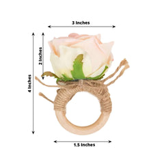 4 Pack Blush Artificial Rose Flower Wooden Napkin Holders, Farmhouse Country Floral Napkin Rings - 4"