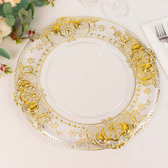 6-Pack Plastic Round Charger Plates 13" in Clear with Gold Florentine Embossed Rim, Exquisite Dinner Serving Plates