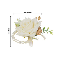 2 Pack White Artificial Rose Wrist Corsages With Pearls, 4" Flower Bracelet Wedding Accessories