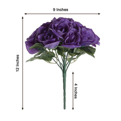 12" Purple Artificial Velvet-Like Fabric Rose Flower Bouquet Bush