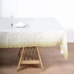 5-Pack Plastic Table Covers White Rectangle with Gold Confetti Dots - Durable PVC Disposable Tablecloths for Events 54"x108"