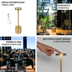 Cordless Table Lamp Modern Metal Gold Design LED Dimmable with Touch Control - Rechargeable Night Light 13"