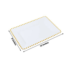 6-Pack Rectangular Acrylic Serving Trays White with Gold Beaded Rim - Food and Dessert Platters 9"x13"