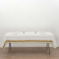 Linen-Like Paper 50"x108" Rectangle Tablecloth White - Disposable Airlaid Table Cover with Gold Striped Border