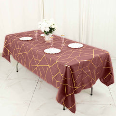 Polyester 60"x102" Rectangle Tablecloth Cinnamon Rose with Gold Foil Geometric Pattern - Wrinkle-Resistant & Durable Table Cover