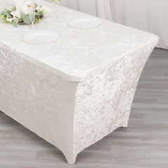 Crushed Velvet Fitted Rectangular 6ft Table Cover White - Wrinkle-Free Stretchy Tablecloth for Weddings and Banquets