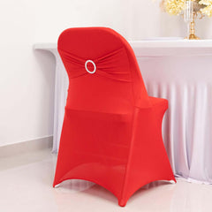 Stretch Spandex Chair Cover Red for Folding Chairs - Secure Fit Slipcover with Silver Rhinestone Buckled Sash Band