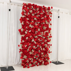 8ftx4ft Roll Up Artificial Flower Wall Panel Backdrop with Red Silk Roses & Baby's Breath