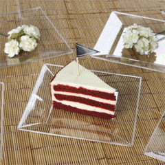 10-Pack Dessert Plates Square Design with Wide Rim Glossy Clear - Plastic Disposable Plates for Events 6"