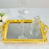 Resin Mirrored Rectangle Serving Tray 15"x10" in Metallic Gold with Baroque Design, Stylish Decorative Vanity Tray Centerpiece