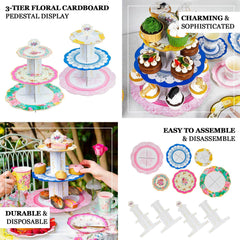 2-Pack Cardboard Round Cupcake Stand Assorted Floral Design - 3-Tier Reusable Dessert Display Pedestal With Scalloped Edges for Garden-Themed Celebrations 14"