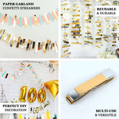 Gold, Blush and Turquoise Confetti-Like Paper Party Garland Streamer, Hanging Backdrop Decoration - 6.5ft