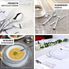 24-Pack Plastic Silverware Set with Hammered Design Silver - Heavy Duty Disposable Utensils 7"