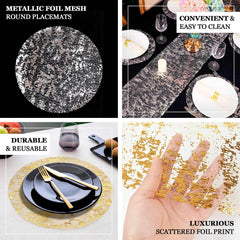 10-Pack Table Placemats Foil Design Metallic Gold Round - Mesh Disposable Shiny Dining Mats 13"